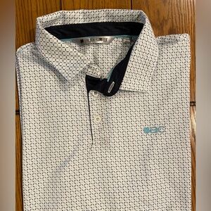 EUC Black Clover Men’s Polo Shirt, size large, white geometric pattern